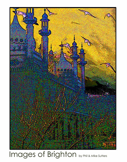 Royal Pavilion Brighton - photo by Mike Sutters - silhouette with gulls - super saturated
