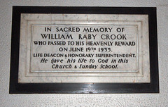 Memorial to William Raby Crook, Carey Baptist Chapel, Pole Street, Preston, Lancashire