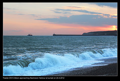 Trawler DS10 Albion approaching Newhaven Harbour at sunset on 24.4.2012