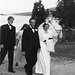 (134) Jens Bergum (bak) og brudeparet Hilma (Svendsen) og Signold Solem, 16. august 1950