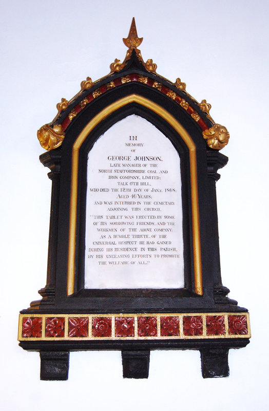 Memorial to George Johnson, Manager of the North Staffordshire Coal and Iron Company, Saint Martin's Church, Talke, Staffordshire