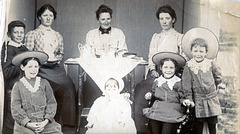 Left to right top row Alexander Hay (b1892), Agnes Pullen, Mrs Agnes Hay (b1862?), Alice Pullen, Lower row, Annie Hay (b1895),  Lillian Hay (b1900), Agnes Hay (b1896), James Hay (b1898), Finzean c1903