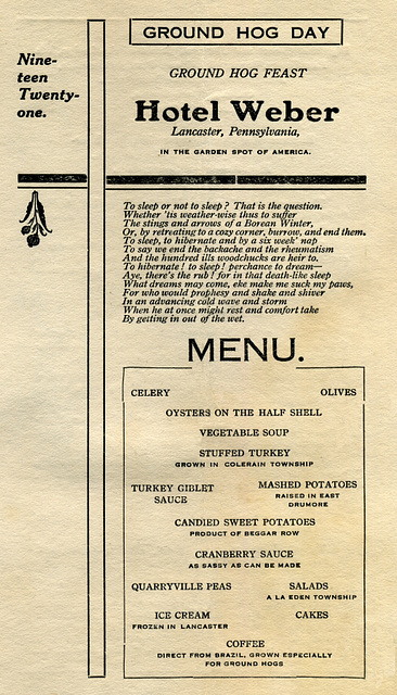 Groundhog Day Menu, Hotel Weber, Lancaster, Pa., Feb. 2, 1921