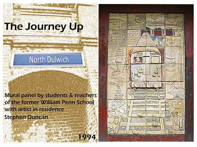 'The Journey Up' mural by William Penn School pupils with Stephen Duncan. When photographed it was sited on North Dulwich station.
