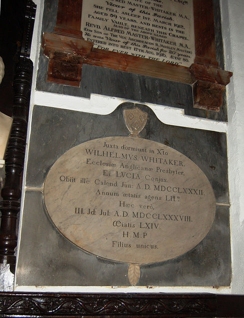 Memorial to William Whitaker, Saint John the Divine, Holme in Cliviger, Lancashire