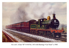 SE&C Class D 4-4-0 no. 145 on Hastings "Car Train" c1905