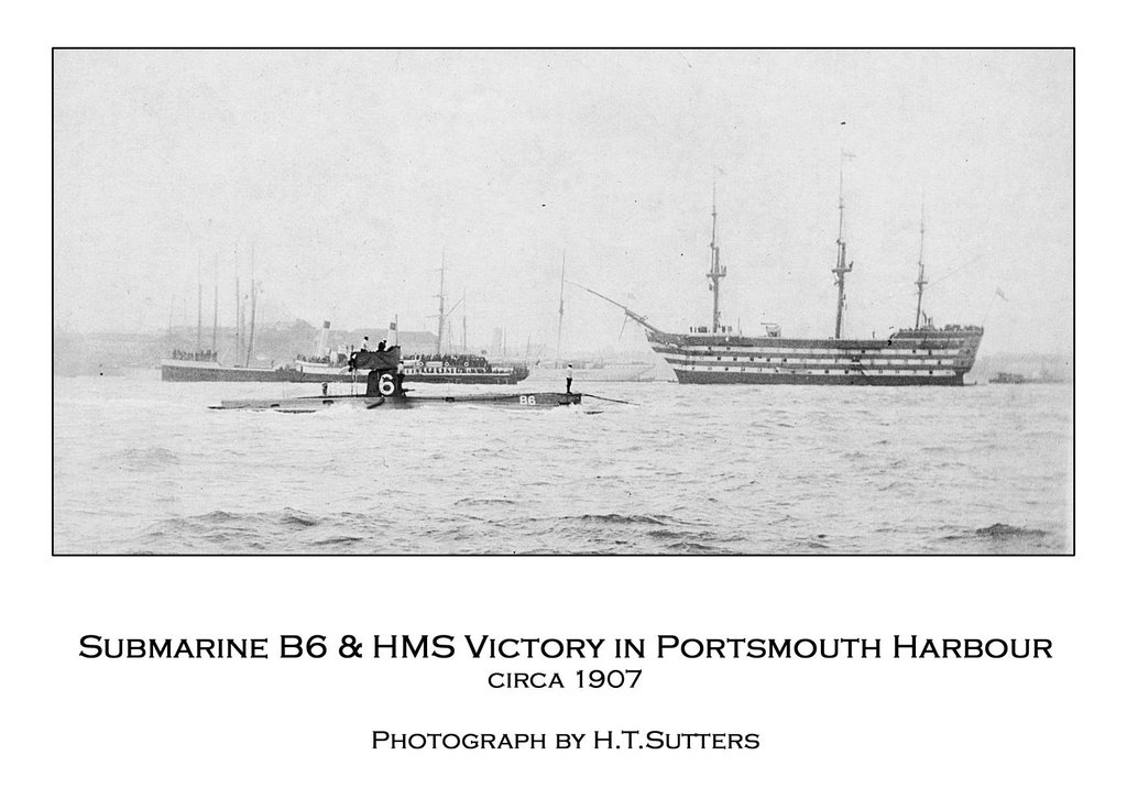 Submarine B6 & HMS Victory in Portsmouth Harbour c1907 by H.T.Sutters