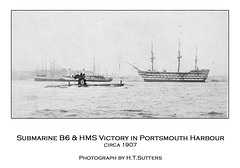 Submarine B6 & HMS Victory in Portsmouth Harbour c1907 by H.T.Sutters