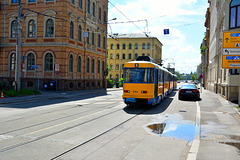 Leipzig 2013 – Tram 2154 towed by 2111 on the Friedrich-Ebert-Straße