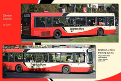 Brighton & Hove Buses training bus T1 at Denton Corner, East Sussex  - 29.9.2011