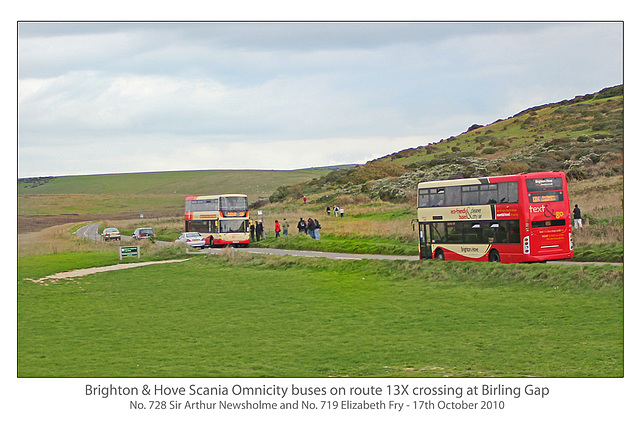 Brighton & Hove Buses -  728 Sir Arthur Newsholme & 719 Elizabeth Fry - Scania Omnicity Birling Gap -17.10.2010