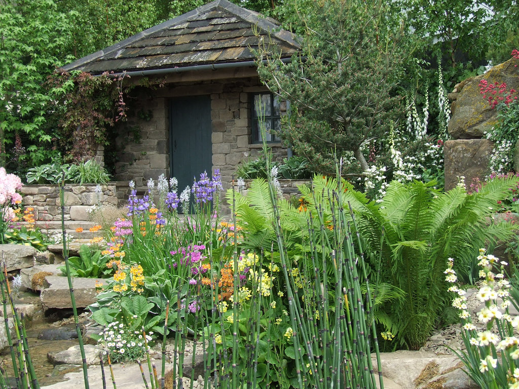 Garden house, stream and ferns