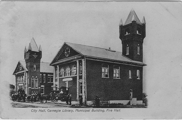 City Hall, Carnegie Library, Municipal Building, Fire Hall.