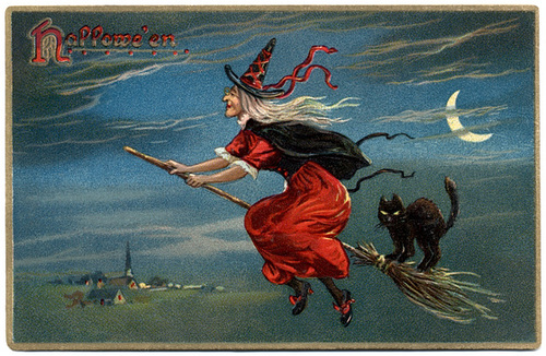 Halloween—Witch and Black Cat on a Broomstick