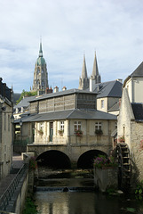 Water Mill on the River Aure, Bayeux, with Bayeux Cathedral - Sept 2010