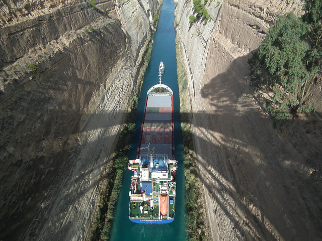 Ship navigating the Corinth Canal