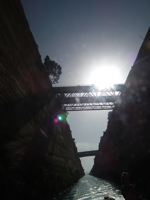 Bridge over the Corinth Canal and sun