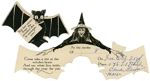 Halloween Party Invitation with Bat and Witch