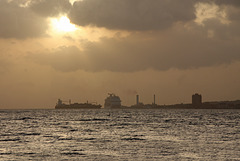 Sunset and large ships