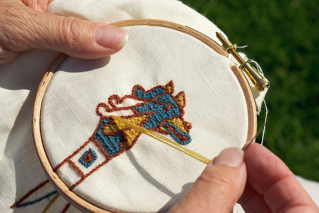 Du Point de Bayeux - The prow of William the Conqueror's longship from the Bayeux Tapestry, using the proper 'Bayeux Stitch'