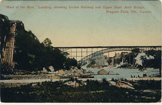 "Maid of the Mist" Landing, showing Incline Railway and Upper Steel Arch Bridge, Niagara Falls, Ont., Canada
