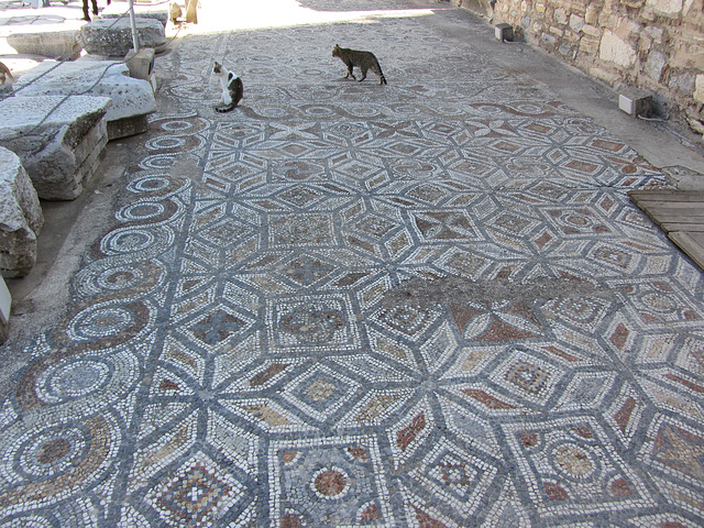 This floor was laid about 1500 years before Columbus left Spain on his first voyage. The ruins at Ephesus, Turkey.  http://en.wikipedia.org/wiki/Ephesus