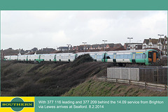 Southern 377 116 & 209 arrive at Seaford - 8.2.2014