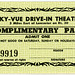 Sky-Vue Drive-In Theatre, Complimentary Pass, Route 30, Lancaster, Pa.