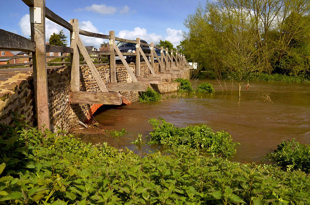 Tilford Packhorse Bridge with River Wey in flood - April 2014