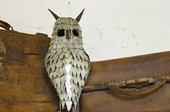 Metal Owl Sculpture, with Suitcases