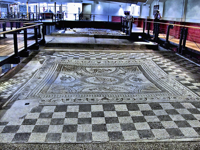 Fishbourne Roman Villa - The Dolphin Mosaic floor at Fishbourne