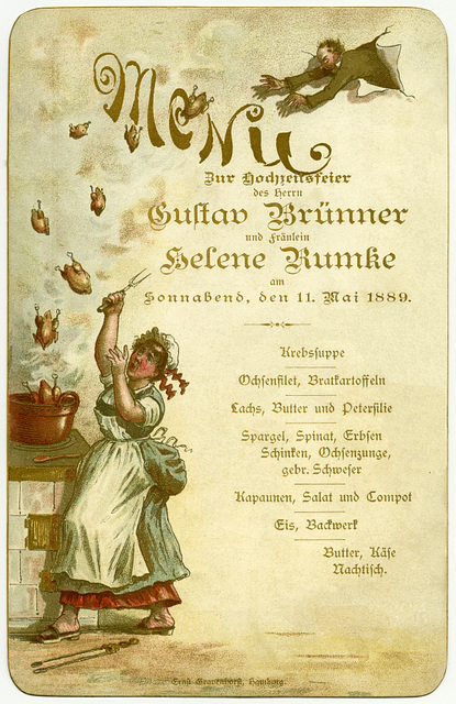 Wedding Menu for Gustav Brünner and Helene Rumke, May 11, 1889