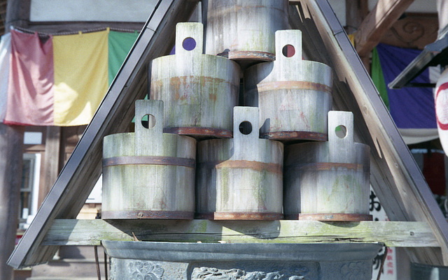 Fire buckets at a temple