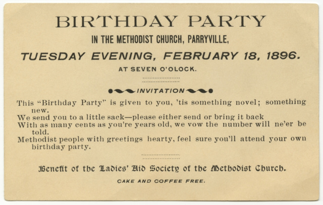 Birthday Party, Parryville Methodist Church, Feb. 18, 1896