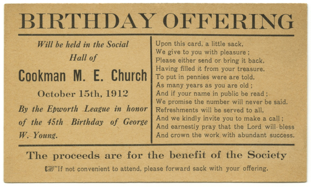 Birthday Offering, Cookman M. E. Church, Oct. 15, 1912