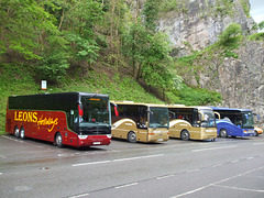 DSCF5053 Leons AT13 LCT, Shearings MX05 AFV, MX05 AHJ and BF10 VCO at Cheddar Gorge - 13 May 2014