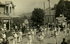 Small-Town Parade with Cornet Band and Church Float