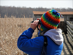 Joan, Birdwatching in her "Funny Hat"
