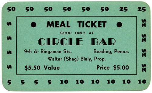 Meal Ticket Good Only at Circle Bar, Reading, Pa.