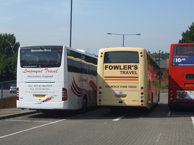 DSCF5484 Longmynd Travel BU14 SZR and Fowler's Travel VDO 929 at Bury St. Edmunds - 18 Jul 2014