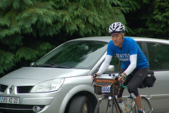Alan Woods Arriving in Carhaix at 703km on way to Paris. Not smiling now. Evening, 3rd day, August 23.