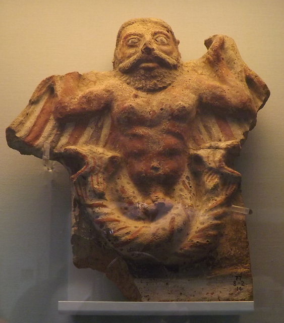 Painted Terracotta Antefix with a Bearded Typon Grasping Two Snakes in the British Museum, May 2014