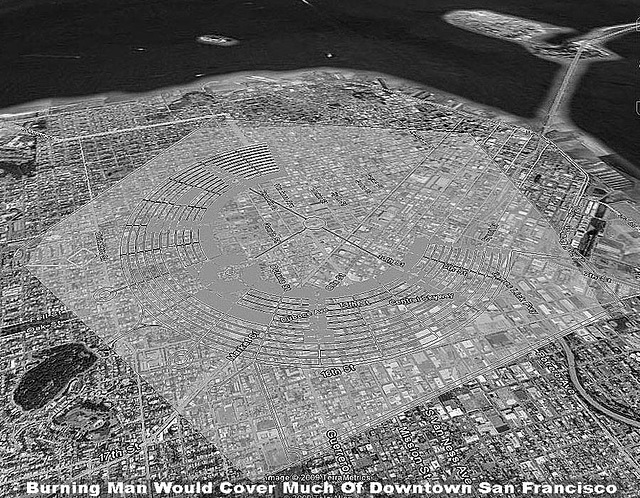 Black Rock City map overlaid onto San Francisco