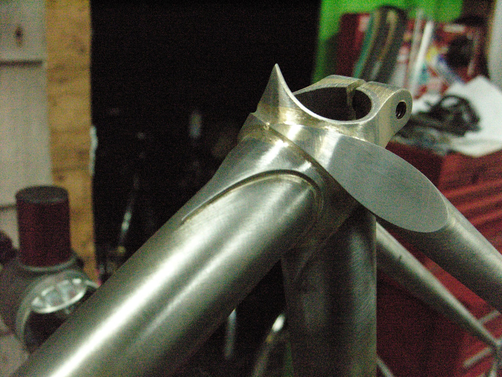 #CT209 Finished seat cluster.  Wrap over seat stays, decorative point on top of seat tube, entirely seat binder, and seat lugs that have been thinned and tapered and reshaped (2009)