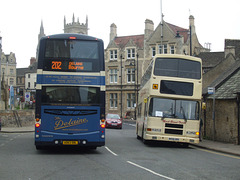 DSCF5921 Delaine Buses AD63 DBL and Mark Bland Travel M456 UKN in Stamford - 11 Sep 2014
