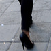 Black pumps and tights with short skirt / Escarpins noirs avec mini jupe bleue.