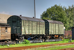 gedeckte Regelspur-Güterwagen auf Schmalspur-Rollwagen im Bahnhof Mügeln