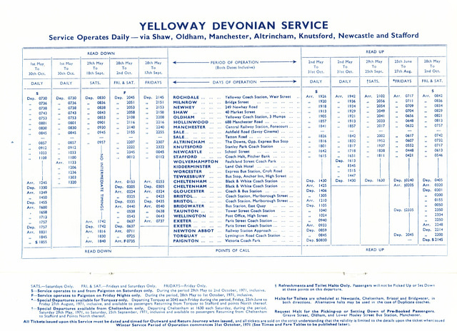 Yelloway Devonian Service (later to become service X5) timetable - Summer 1971
