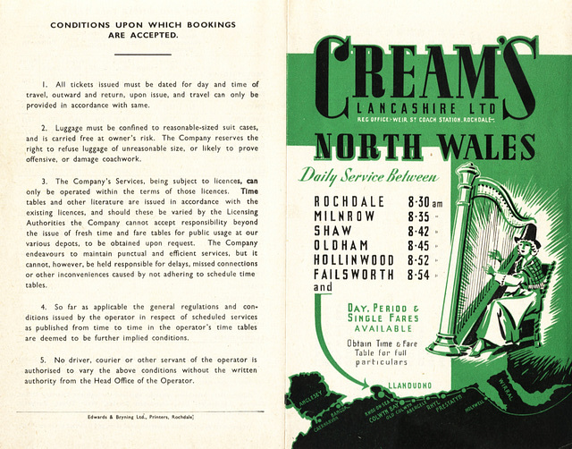 The Creams (Lancashire) Ltd - Rochdale to North Wales leaflet Summer 1949 (pages 4 and 1)