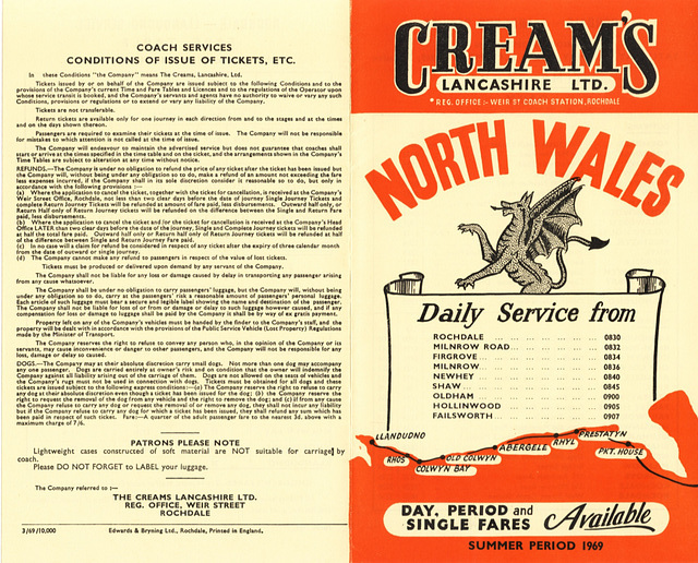 The Creams (Lancashire) Ltd - Rochdale to North Wales leaflet Summer 1969 (pages 4 and 1)